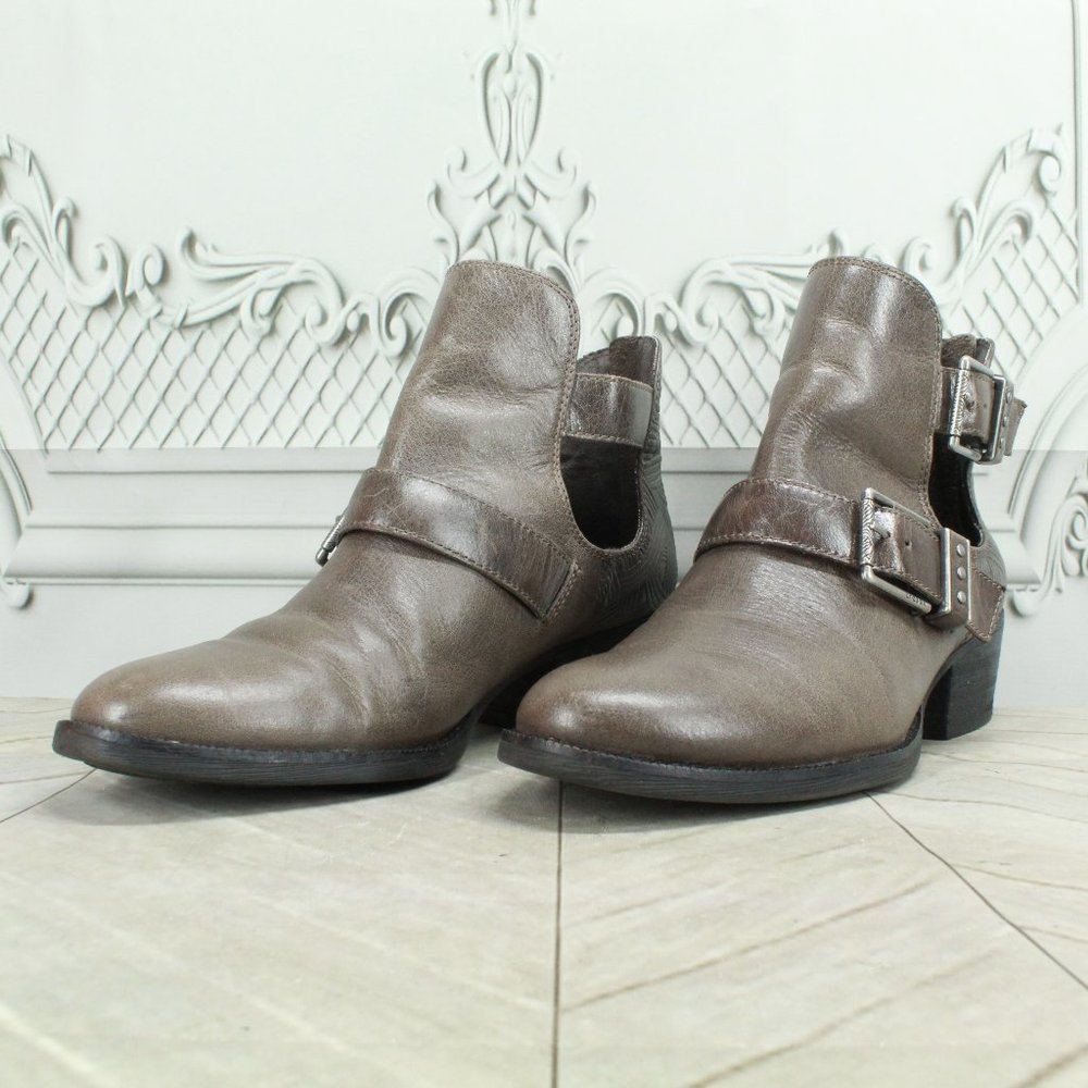 *The Sak Brown Leather Back Zipper Buckled Low Heeled Booties Size - Picture 2 of 9